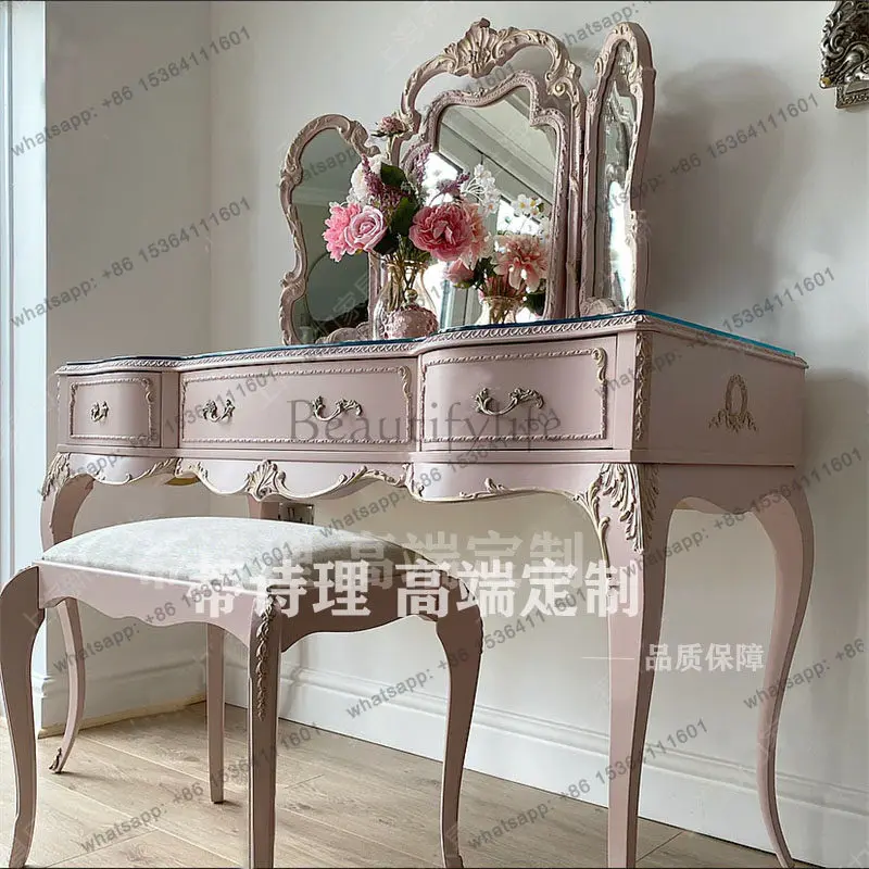 French vintage distressed dresser, European style solid wood carved pink dressing table and stool