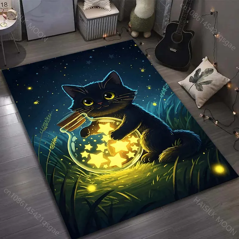 1PC Black cat holding star jar Carpet for Living Room Bedroom Sofa Home Decor Rus Non-slip Floor Mat Luxury Gift