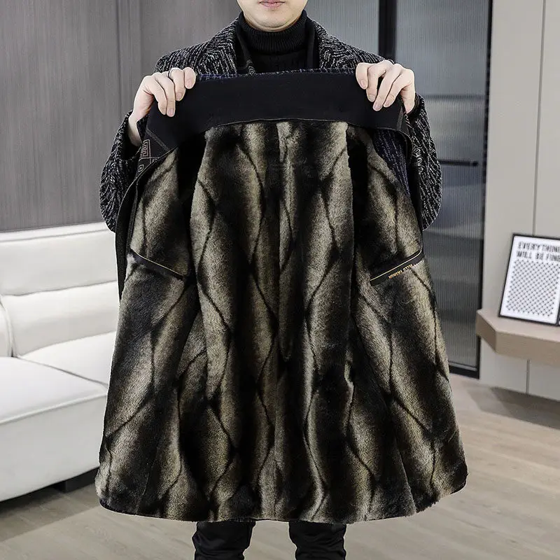 Men's Business Casual Winter Thickened Striped Plush Overcoat Warm Fleece Windbreaker Jacket Classic Woolen Coat Clothes Outwear