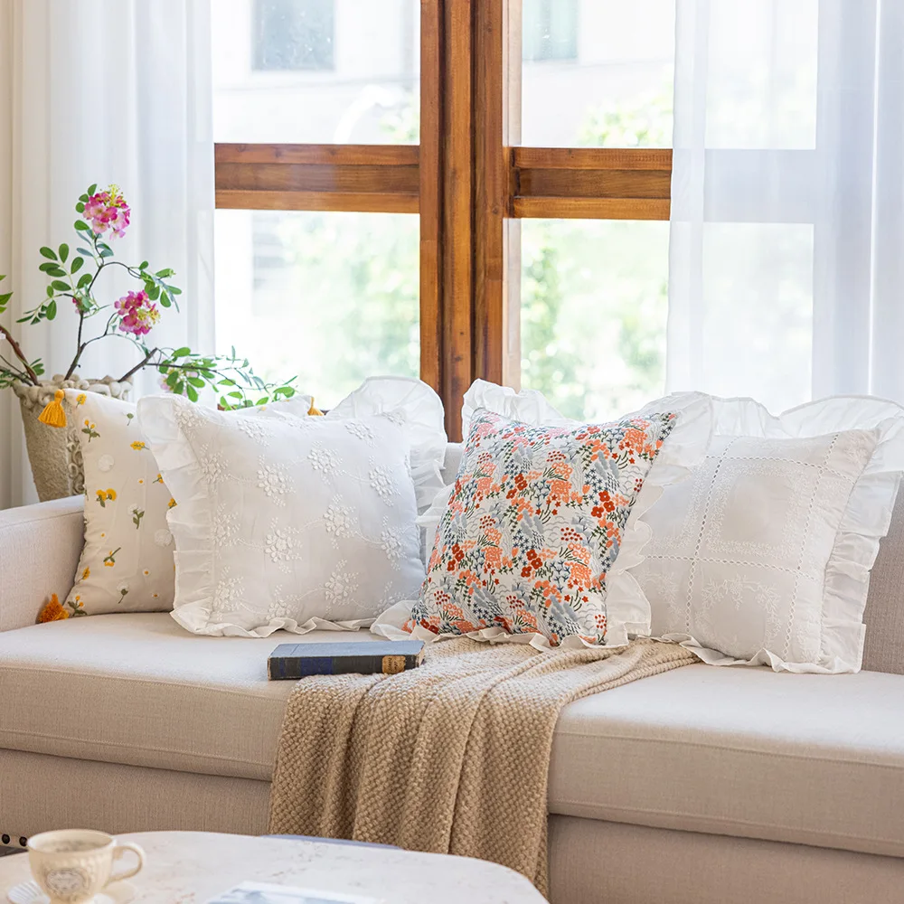 Korean-Style Floral Embroidered Ruffles Pillowcase Pure Cotton White Cushion Cover Sofa Orange Flowers Pillow Cover Backrest
