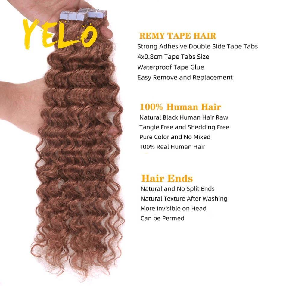 Tape-In extensões de cabelo humano para cabelos finos, invisibilidade natural, onda profunda, curvatura da natureza, balayage, Hinglight, 2.0G