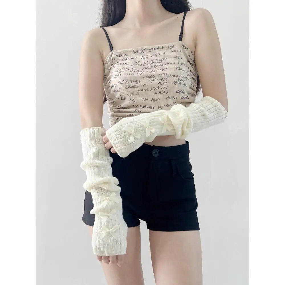 Winter Lolita Bowknot Arm Warmers Y2K Sweet Japanese Harajuke Knit Long Sleeve Fingerless Mittens Gothic Arm Sleeve for Women