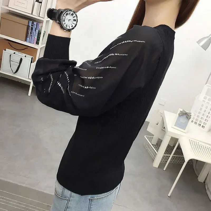 Fashion Chiffon Knitted Patchwork Pullovers Female Clothing Casual O-Neck Spring Autumn Long Sleeve Fashion Pearl Button T-shirt