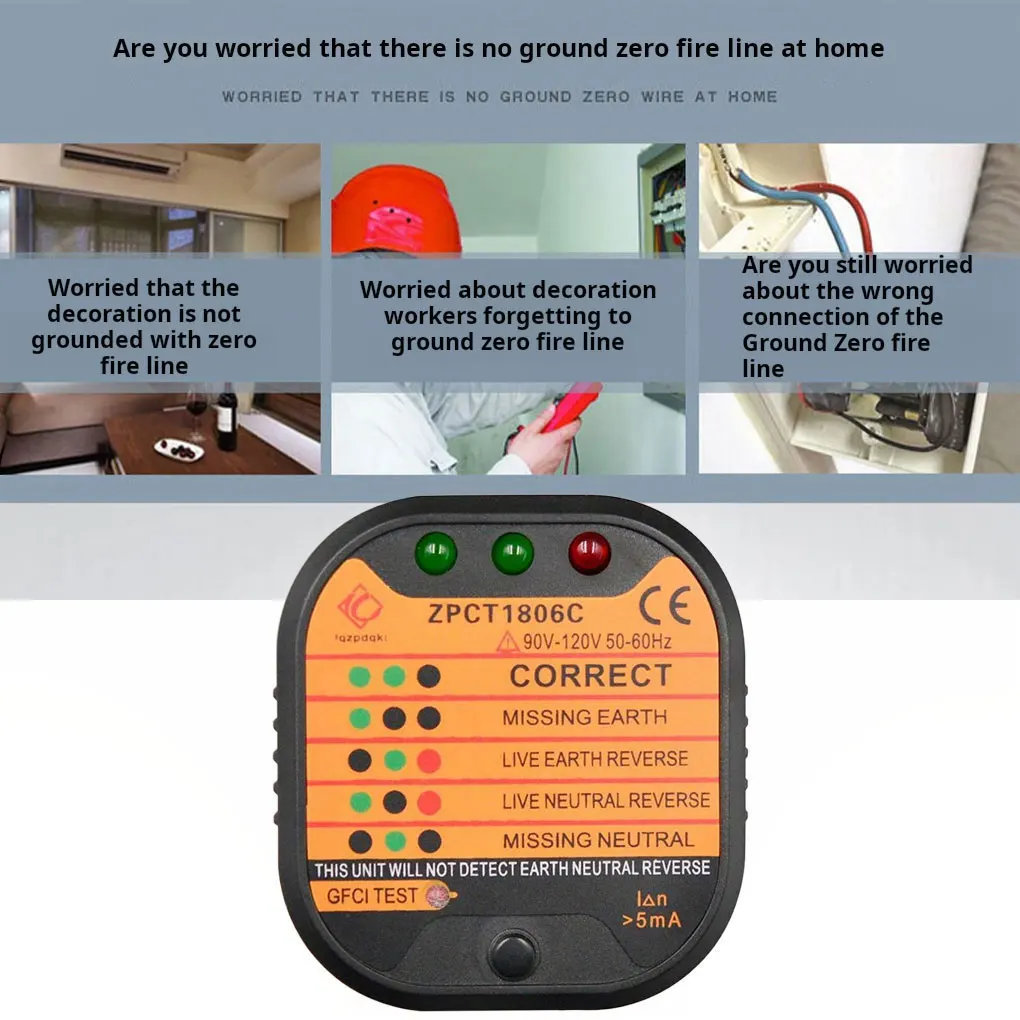 Socket Tester Detector Circuit Polarity Voltage Plug Circuit Breaker Grounding Zero Wire Switch Current Detector Electroscope