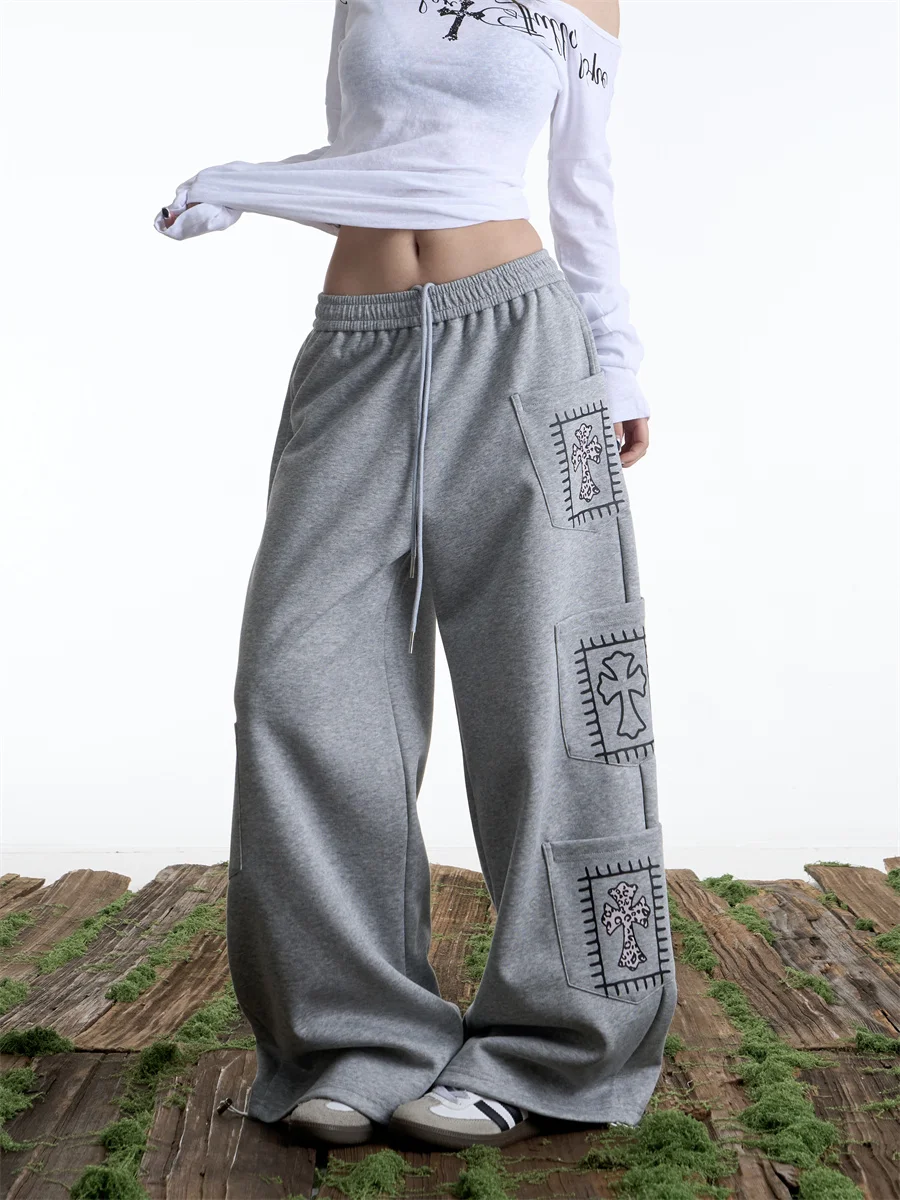 Onlpp American Retro Multi-Pocket Sweatpants Women Loose Straight Grey Sports Casual Trousers Drawstring Wide Leg Pants