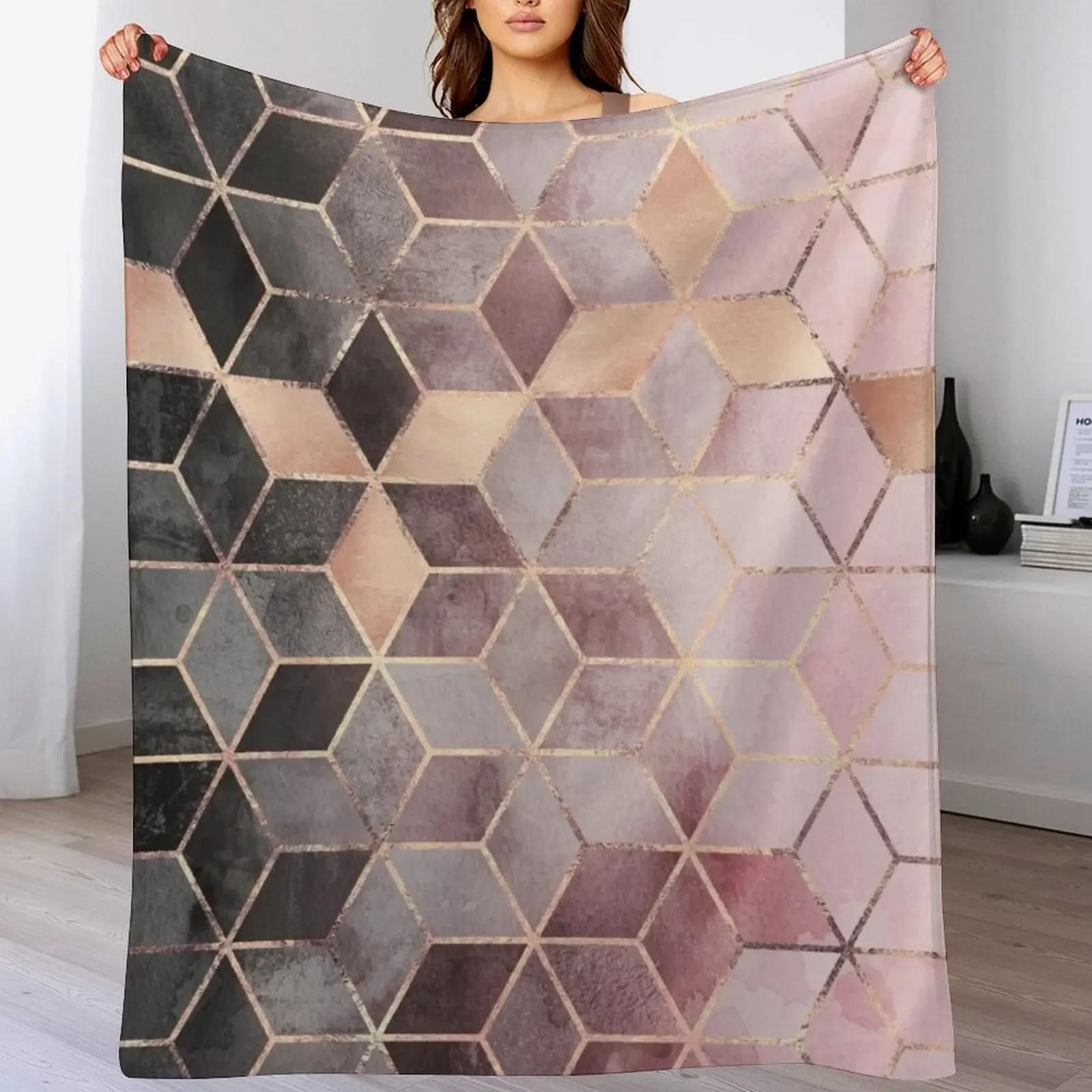 

Pink And Grey Gradient Cubes Throw Blanket Cozy Warm Blanket for Bed Room Decor