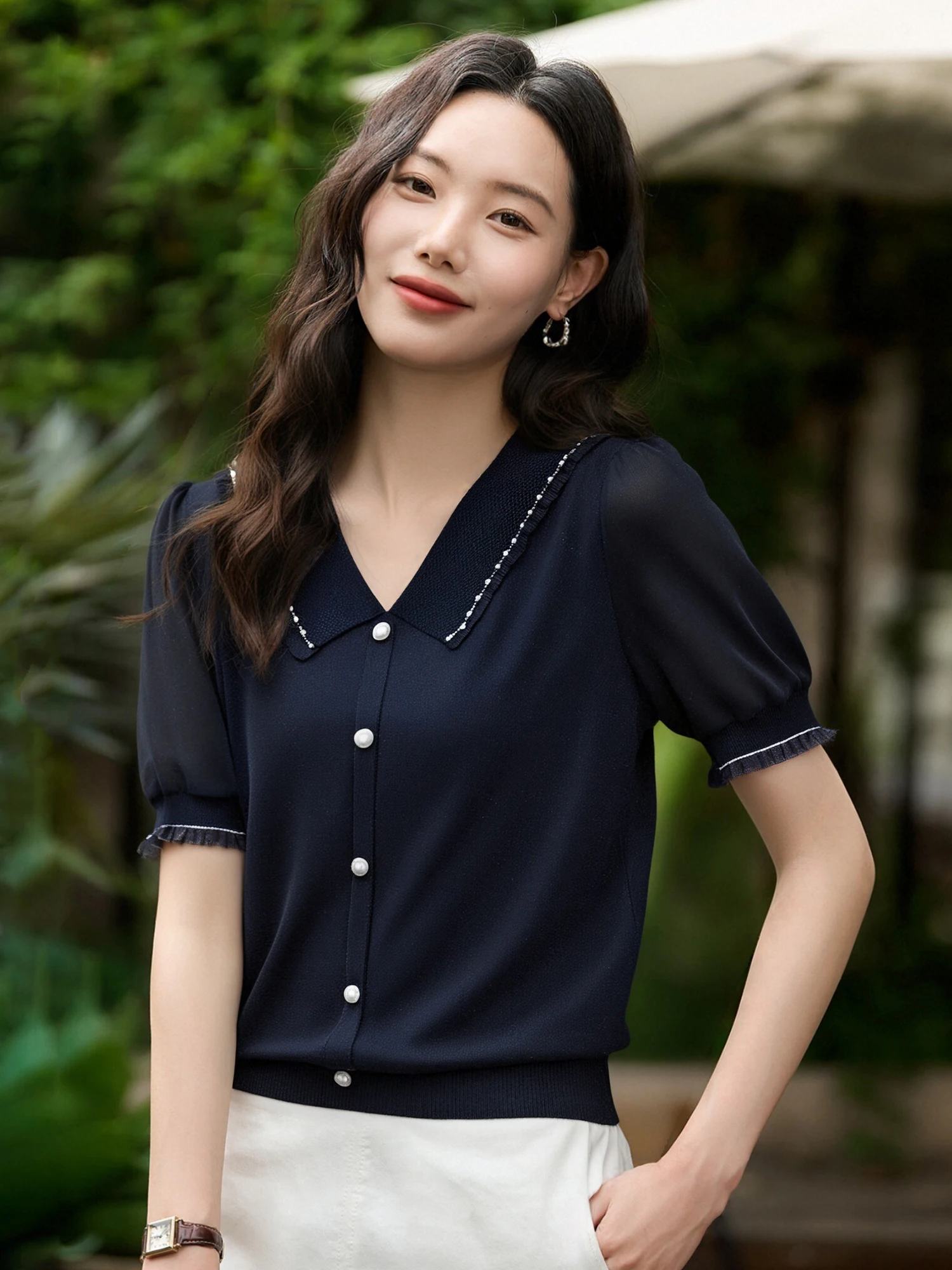 

Chivirin Faionable Spliced Me Knitwear Women's Summer New Sle Doll Collar irt V-ne ort Sve Moisture ng