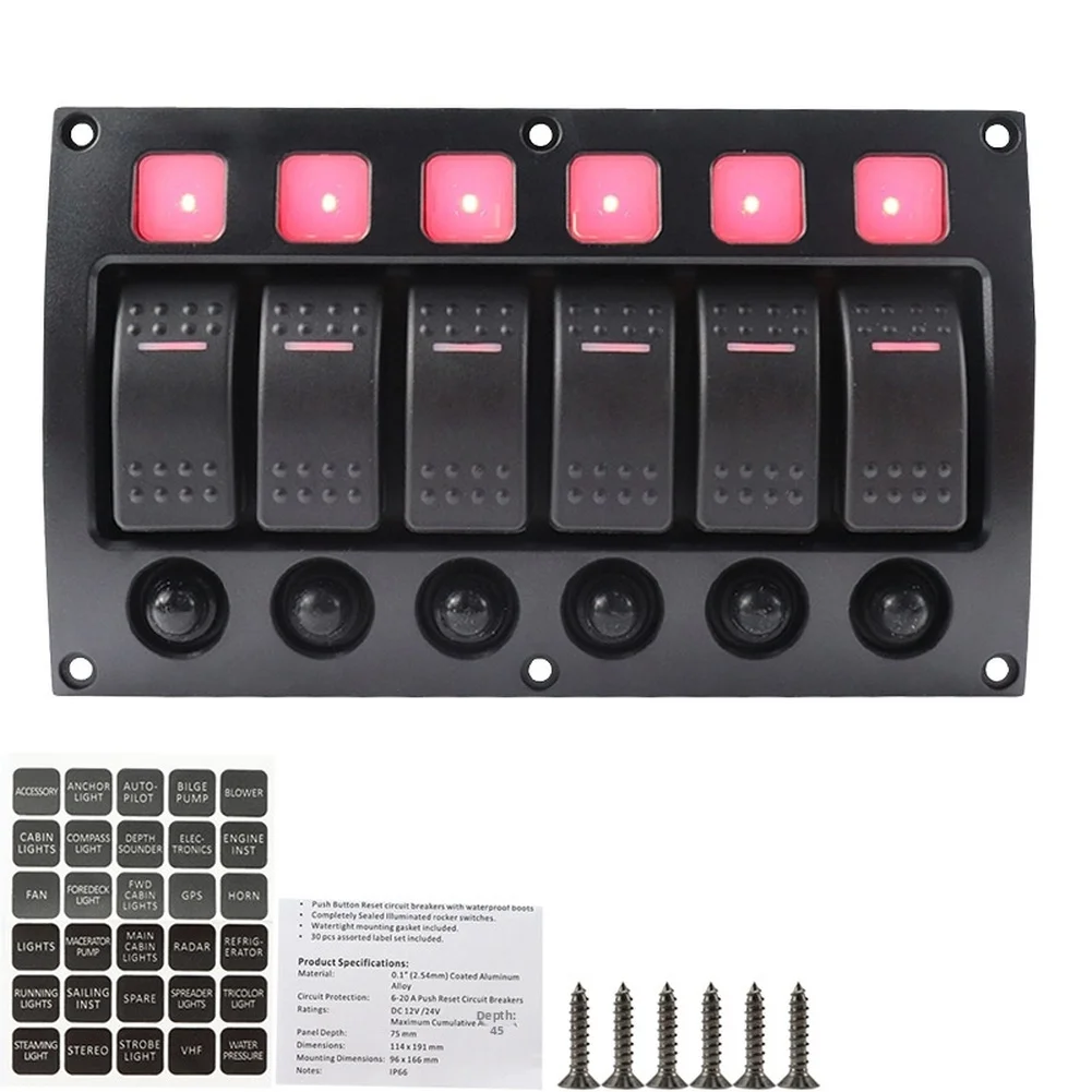 RV Boat Marine Switch Panel with LED Indicator 4 Position or 6 Position 12V 24V IP66 Waterproof ABS Black Unit