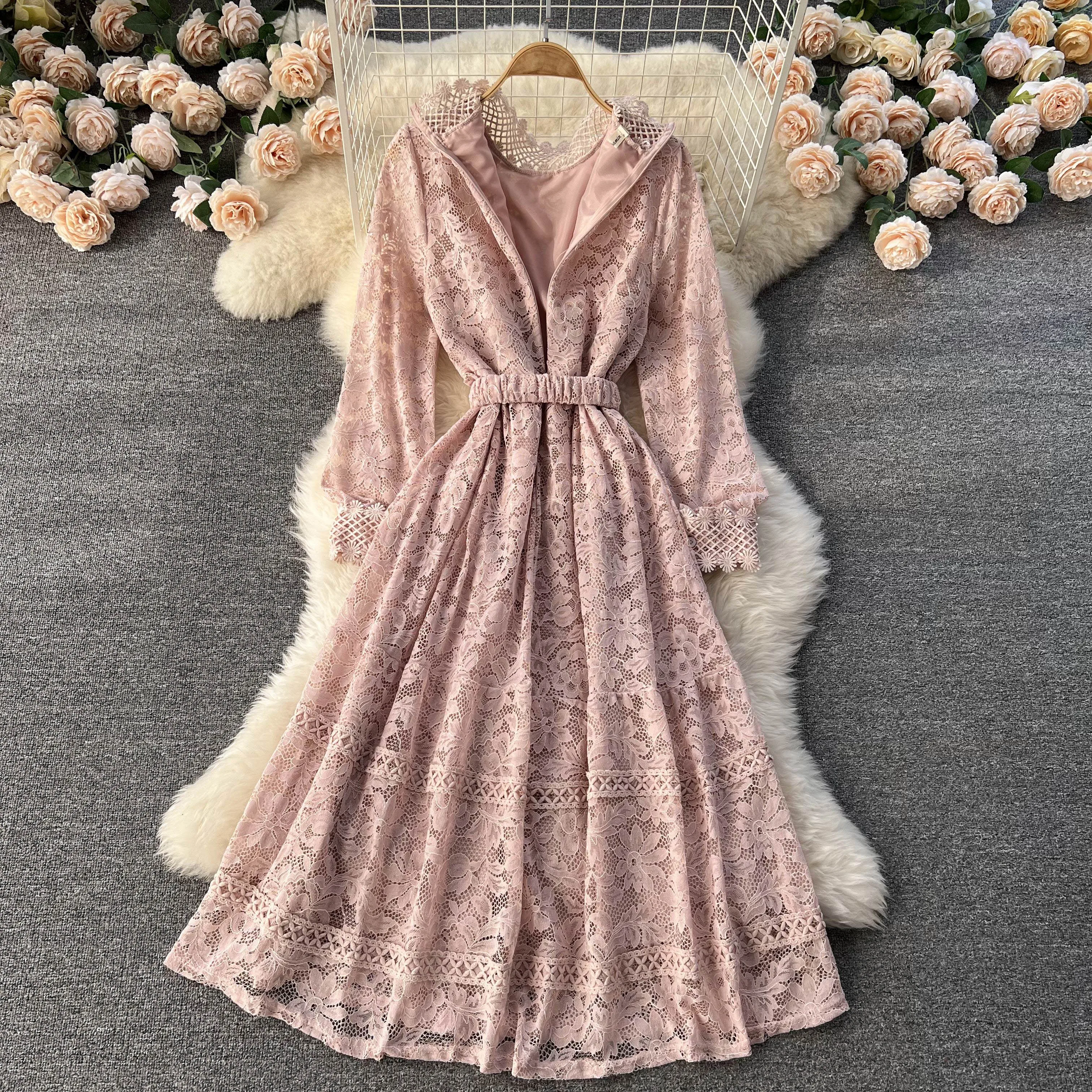 2024 New Spring Autumn Women Stand Collar Long Sleeve Belt Slim Long Dress High Quality Elegant Retro Floral Lace Runway Dress