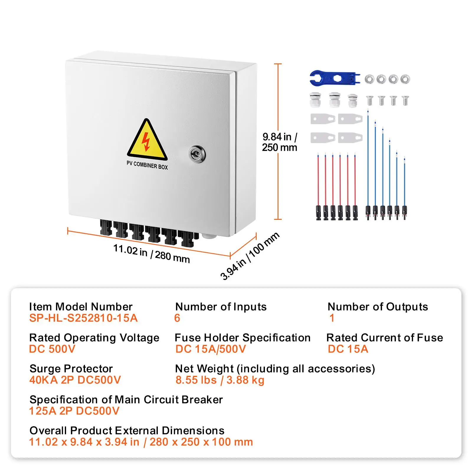 PV Combiner Box 6 String Solar Panel Combiner Box with 15A Rated Current Fuse 125A Circuit Breaker Lightning Arrester Solar Connector Steel Case IP65 for on Grid and Off Grid Solar System