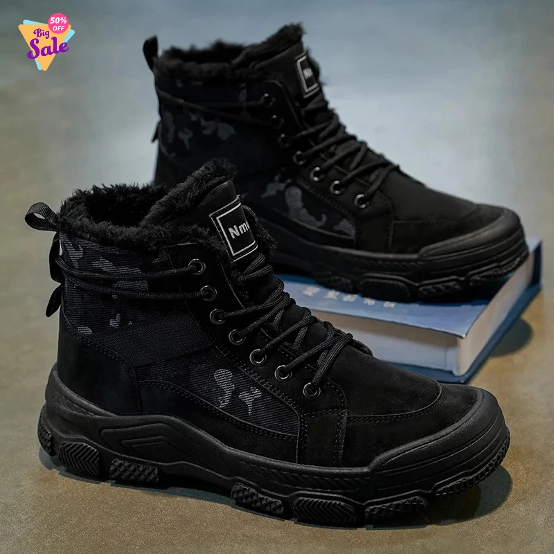 

Мужские хлопковые ботинки 2026: новые зимние теплые повседневные ботинки с плюшевой подкладкой, мягкой подошвой, высокие уличные ботинки, модные молодежные спортивные ботинки для активного отдыха