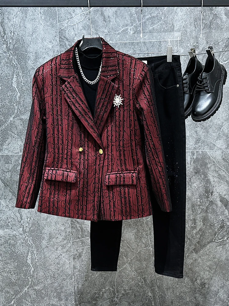 

Мужской модный пиджак свободного кроя с блестящим дизайном в корейском стиле, повседневный, элегантный, молодежный, с металлическим декором и вышивкой