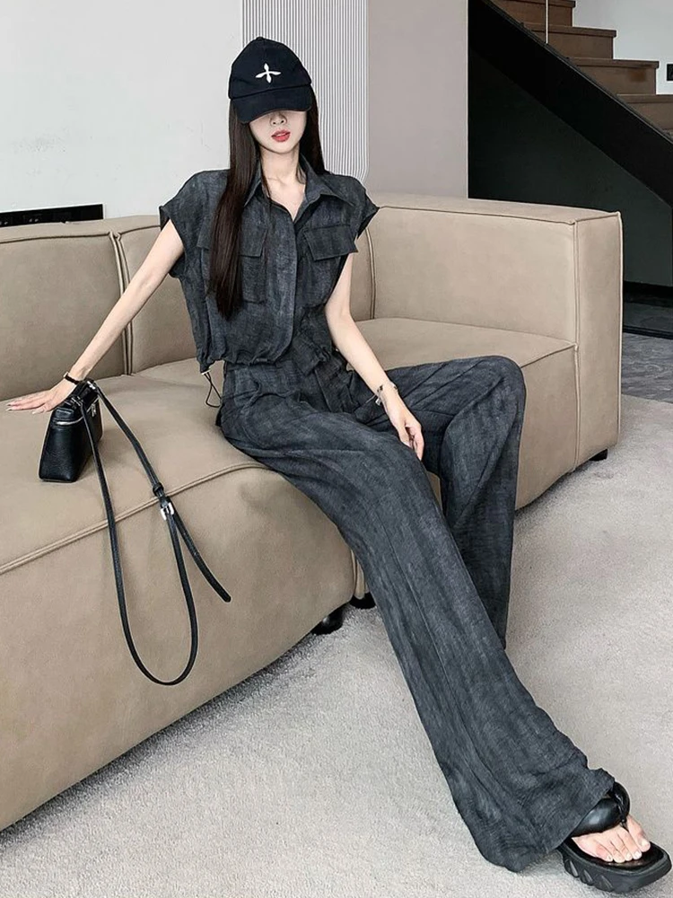 Fashion Two Piece Set Women Shirt Top + High Waist Wide Leg Pants Summer 2 Piece Pant Sets Outfits