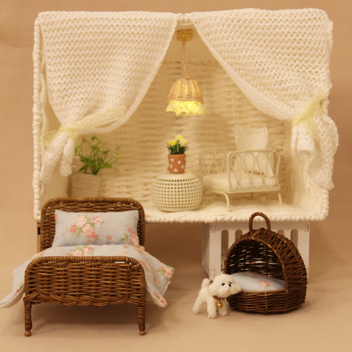 1:12 Miniature Furniture L-16Cm Dark Rattan Bed with Bedding, Suitable for Bjd Ob11 Mini House Home Decor