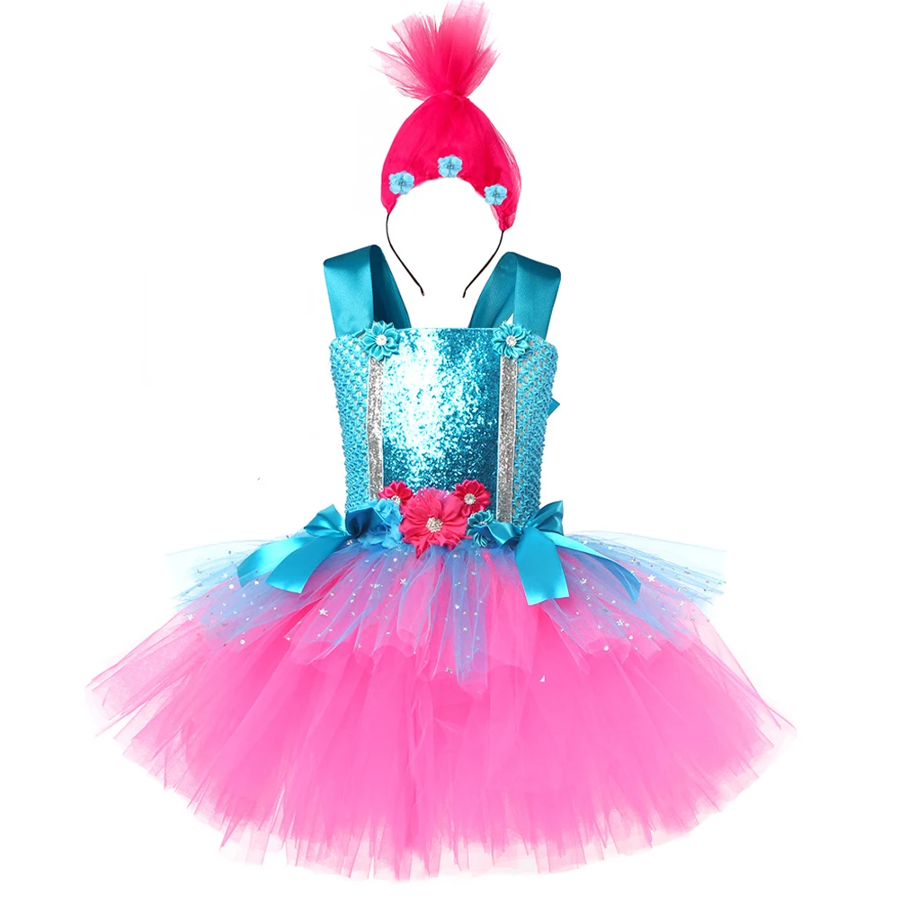 Girls Sequin Princess Dress Magic Elves Trolls Cosplay Costume Kid Children Clothes Tutu Dress Up Carnival Halloween Performance