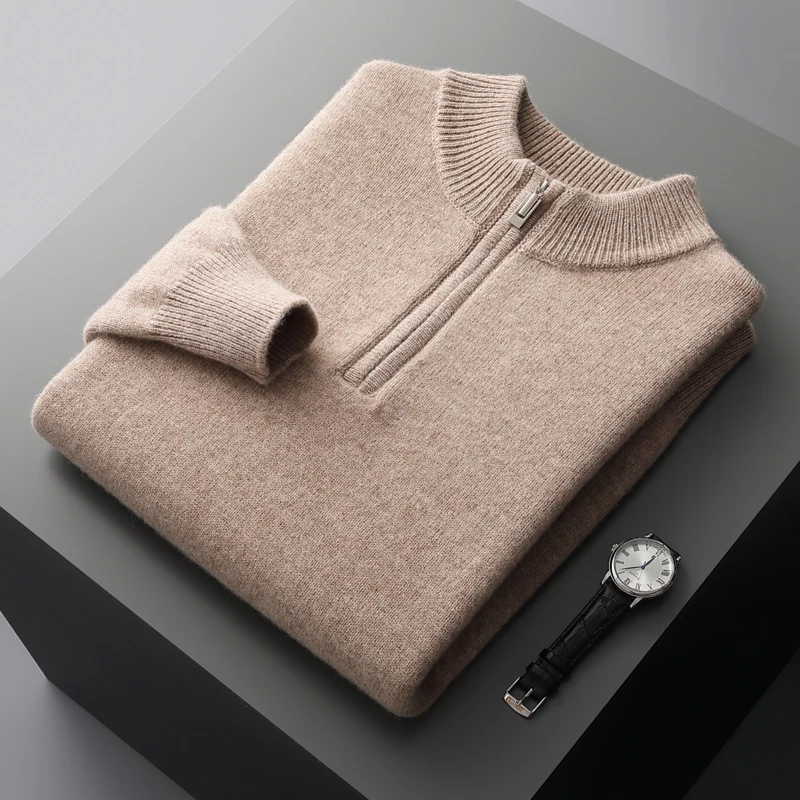 Autumn and winter new cashmere sweater men\'s knitted plus size high-end coat 100% wool semi-high collar thick pullover warm