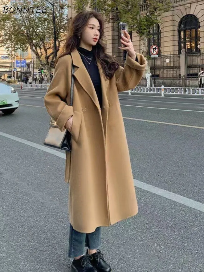 Lã feminina sólida solta ajuste meados de comprimento casual outerwear outono inverno rendas design all-match elegante roupas de moda coreana