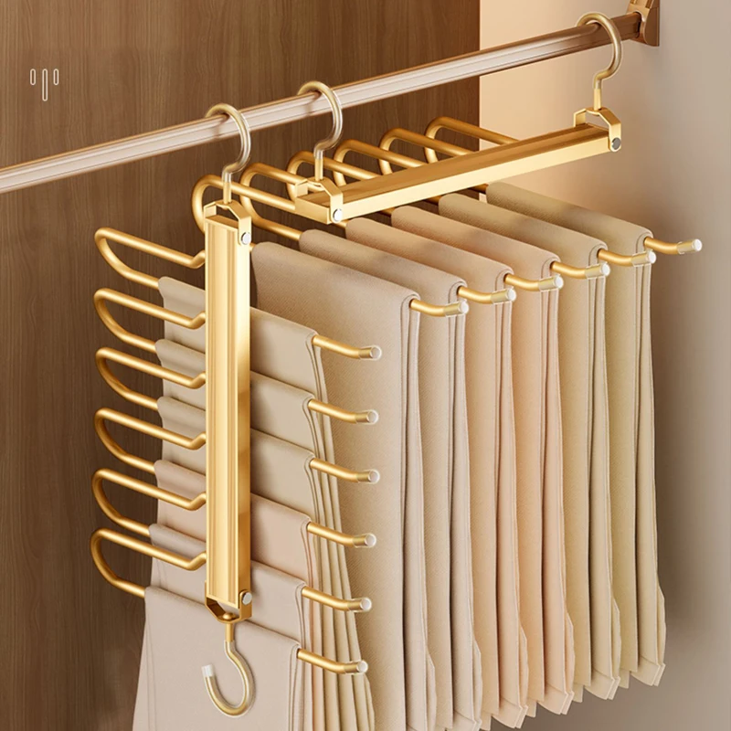 6 In 1 Trouser Hangers Magic Multi Layer Aluminium Alloy Pants Storage Rack 360 Rotatable Foldable Protable Cloth Pants Hangers