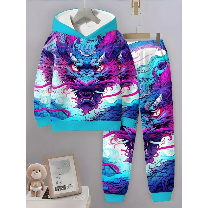 2025 Spring and Autumn Season New Two Piece Hoodie and Pants Set with 3D Colorful Dragon Pattern Printing Set