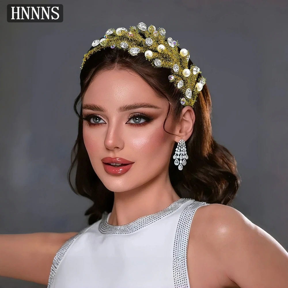 

HNNNS Yellow Pipe Cleaner Headband Luxury Pearl Headdress Women's Handmade Headpiece Wedding Jewelry Hair Accessories A372