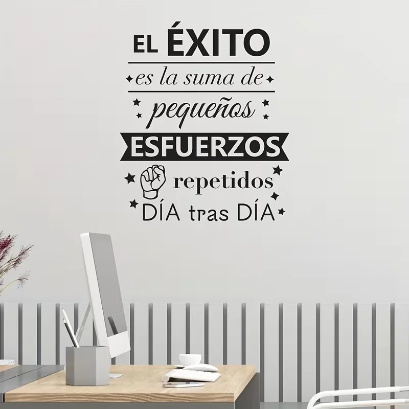 Pared con cita inspiradora bilingüe en español/inglés - "El éxito es la suma de los efectos diarios" (español: "El éxito es el resultado d