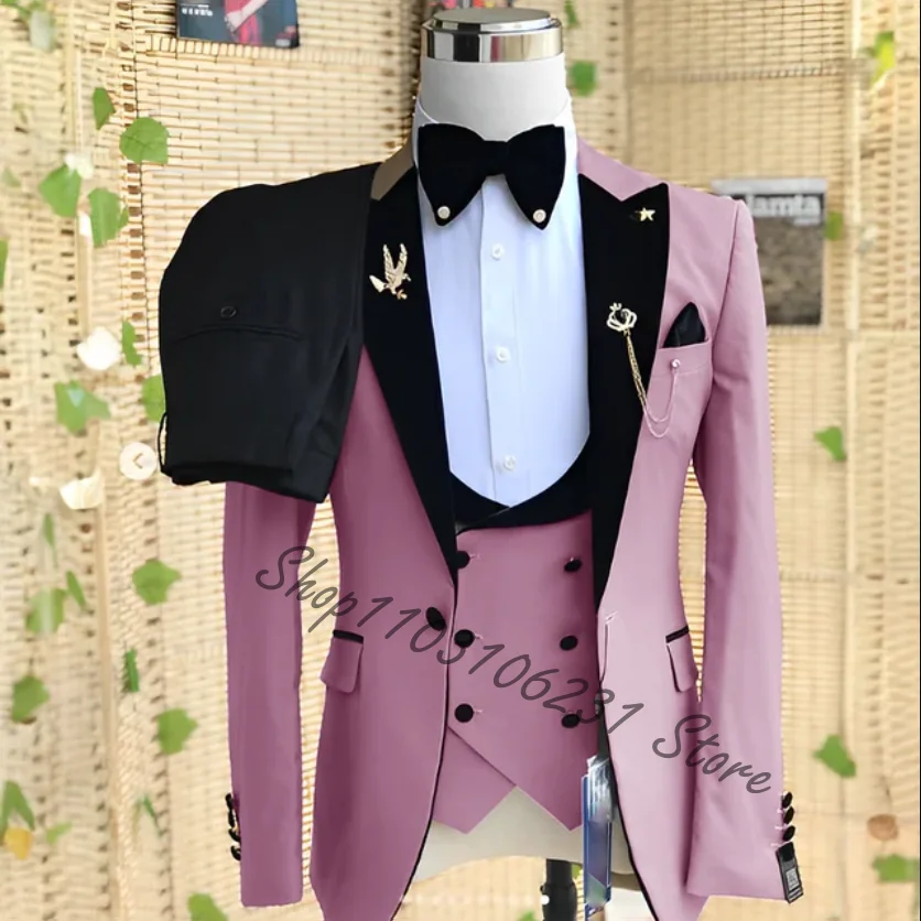 Latest Luxury 3Pcs Wedding Men Suits Slim fit Bridegroom Groomsmen Jacket Formal Peak Lapel Male Blazer Vest Pants Costume Homme