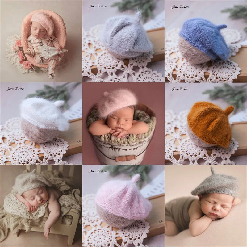 Newborn photography hat beret mink wool knitting baby children handmade knitted  photo studio props bonnet new product