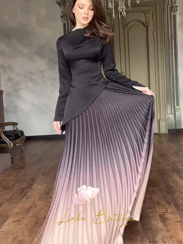 Street Tie-dyed Gradient Pleated Dresses Spring Women O-neck Long Sleeves Dress Autumn High Waist Big Swing Ankle Length Dress