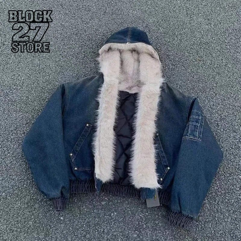 

Мужская куртка Harajuku, американское джинсовое хлопковое пальто с капюшоном, стираное флисовое пальто с толстым воротником, винтажная теплая зимняя уличная одежда, повседневная