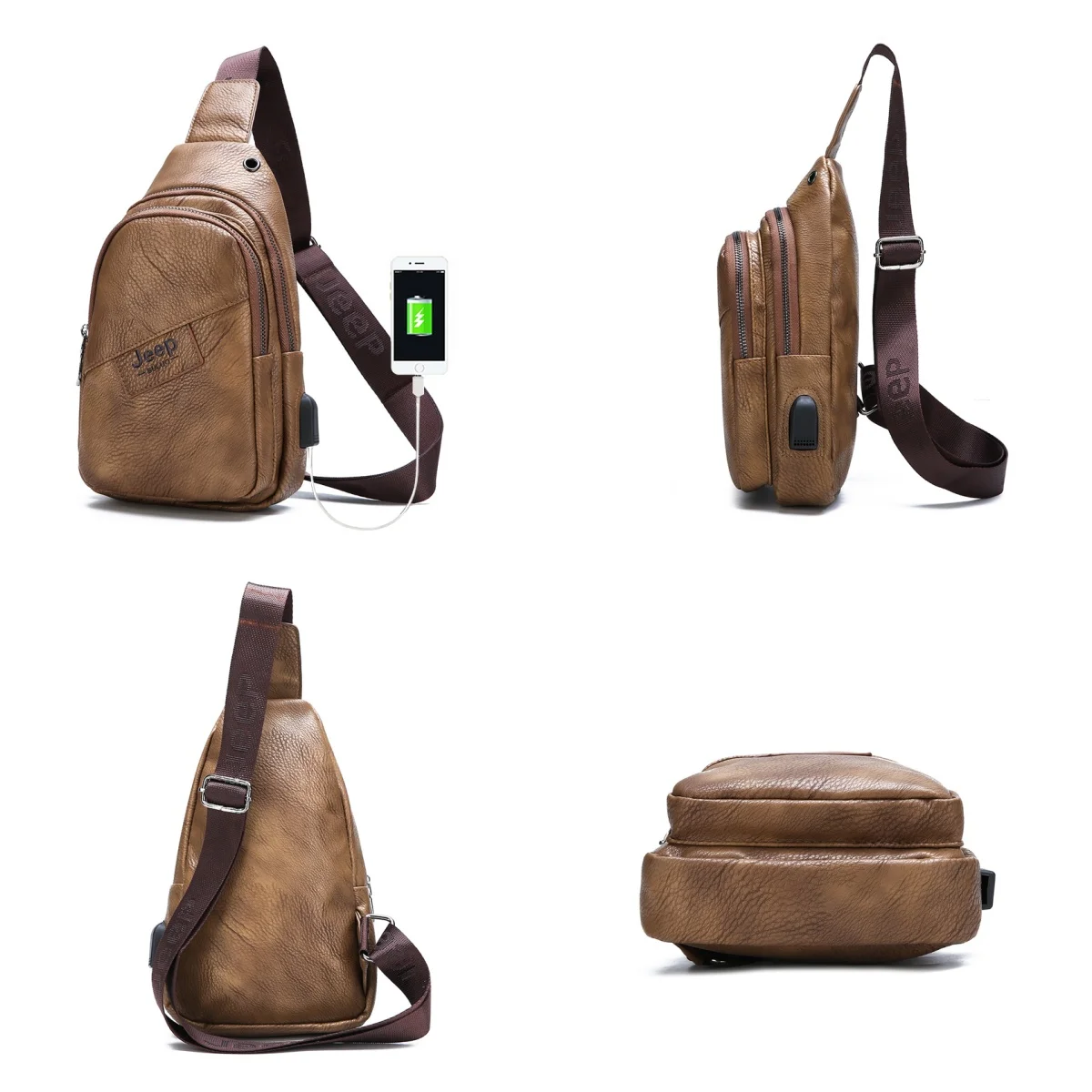 JEEP BULUO Students Travel Outdoors High Quality Brand Men Chest Bag Leather Brown Fashion Shoulder Crossbody Sling Bags College