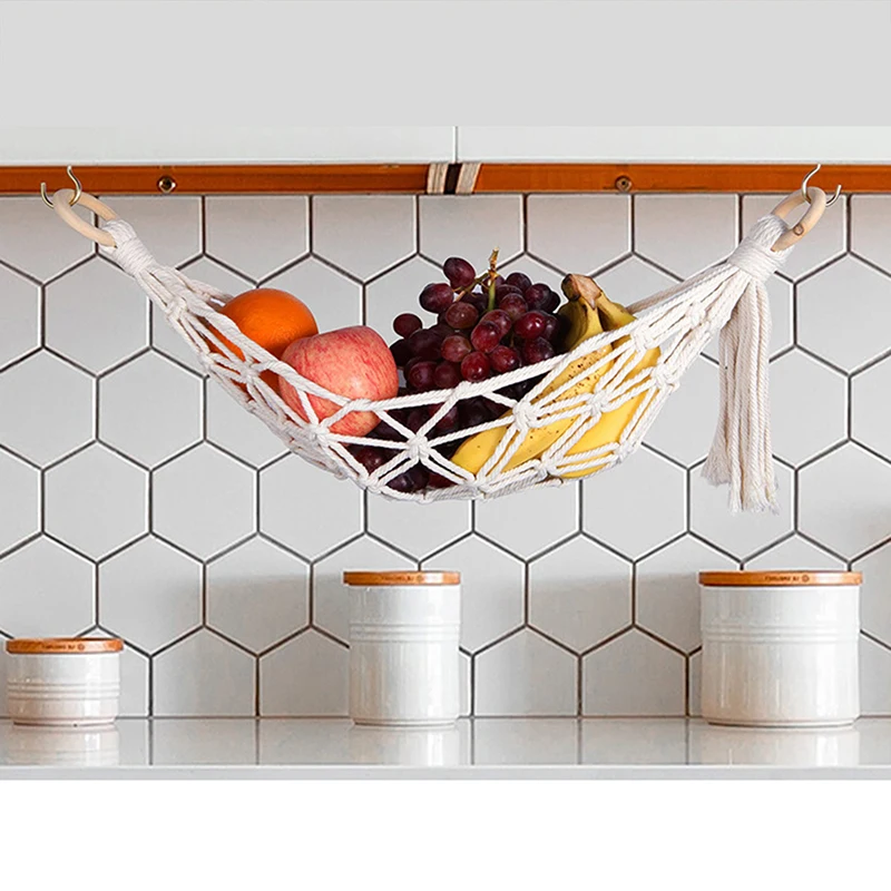 Hanging Fruit Hammock for Kitchen Under Cabinet Macrame Fruit Basket Net Veggies Hammock For Extra Storage