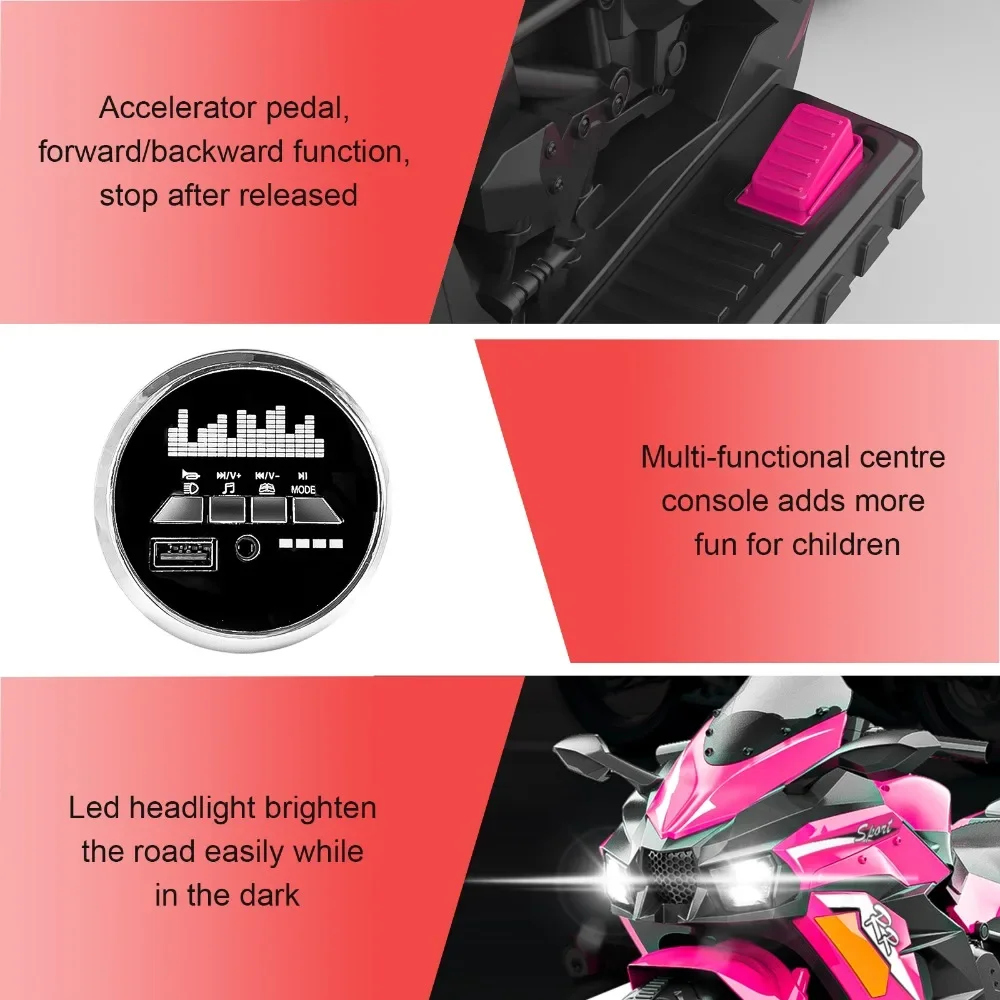 12V Electric Kids' Ride on Vehicles, Powered Toy Motorcycle, Child Motorcycle Ride on With Light Wheels and Bluetooth Music Pink