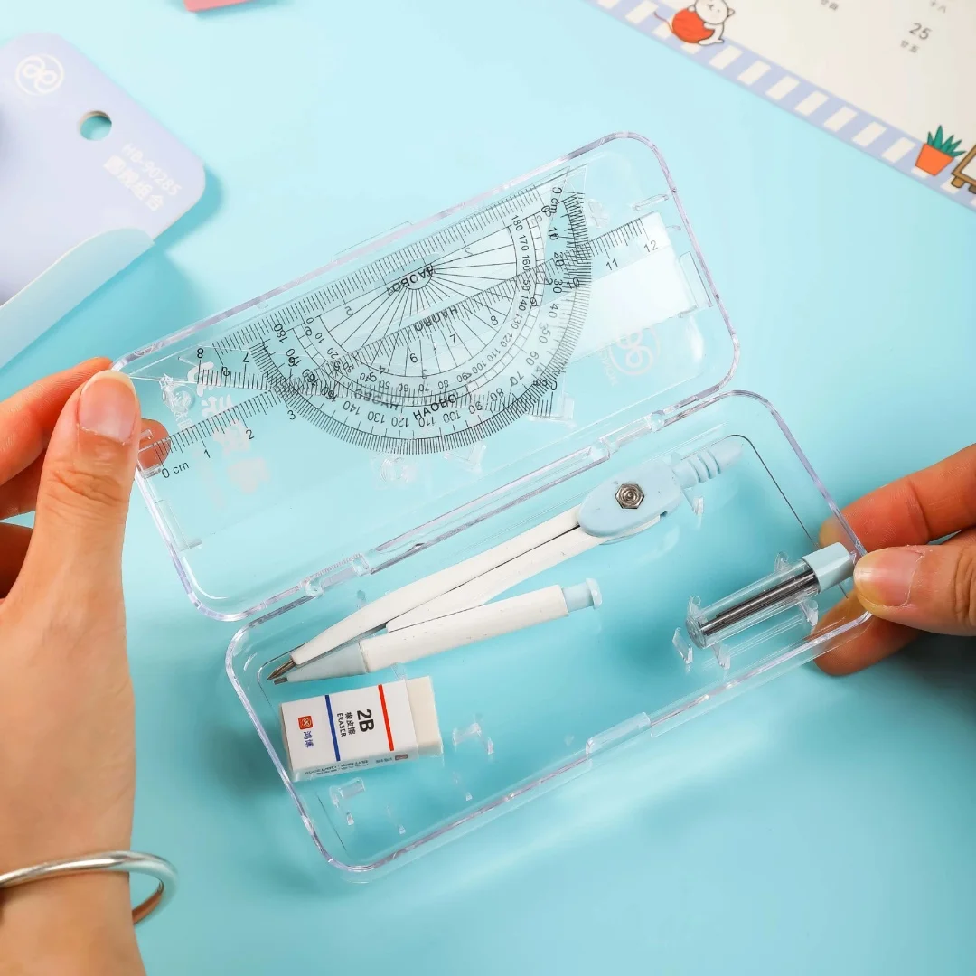 Cartoon Compass and Ruler Set Student Stationery Set Exam Specific Ruler Box Kit Classroom rewards Back To School Supplies