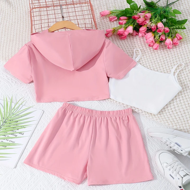 Three Piece Summer Girl Cute Letter Print Double Shoulder Suspender Jacket Shorts Princess Casual Daily Birthday Party Dress