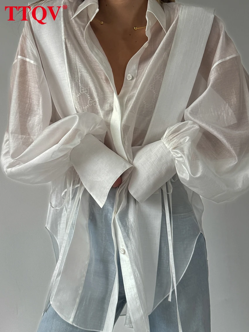 Pink Cotton Lace-Up Blouse Shirt - Casual Long Sleeve Lapel Top