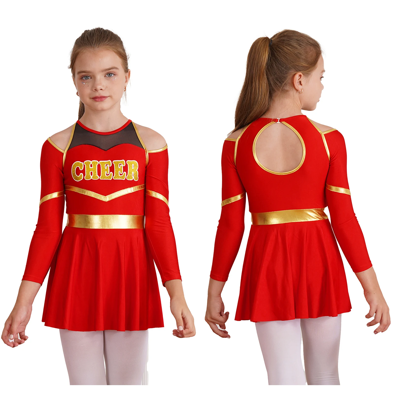 Uniforme de porristas para niñas, trajes de baile de Ballet, traje con estampado de letras, hombros descubiertos, abertura en la espalda, vestido de leotardo de manga larga