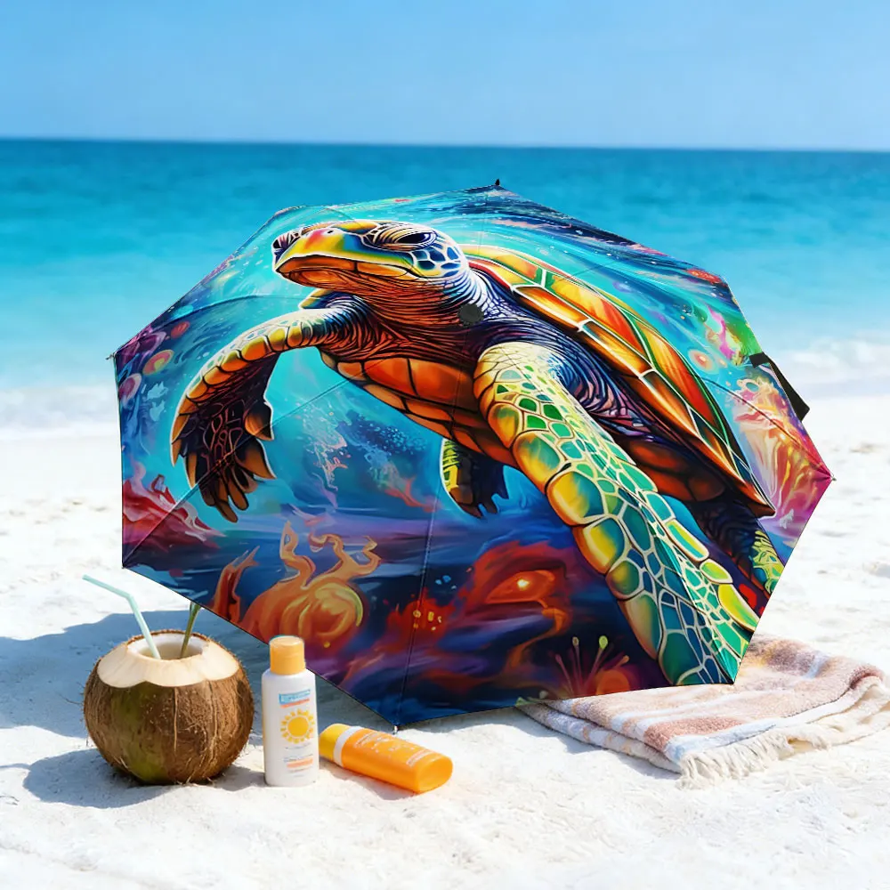 1PC Colorful Turtle Umbrella by the Scenic Lakeside Print 8 Iron Ribs Folding Umbrella Auto-Open Fashion Sunshade