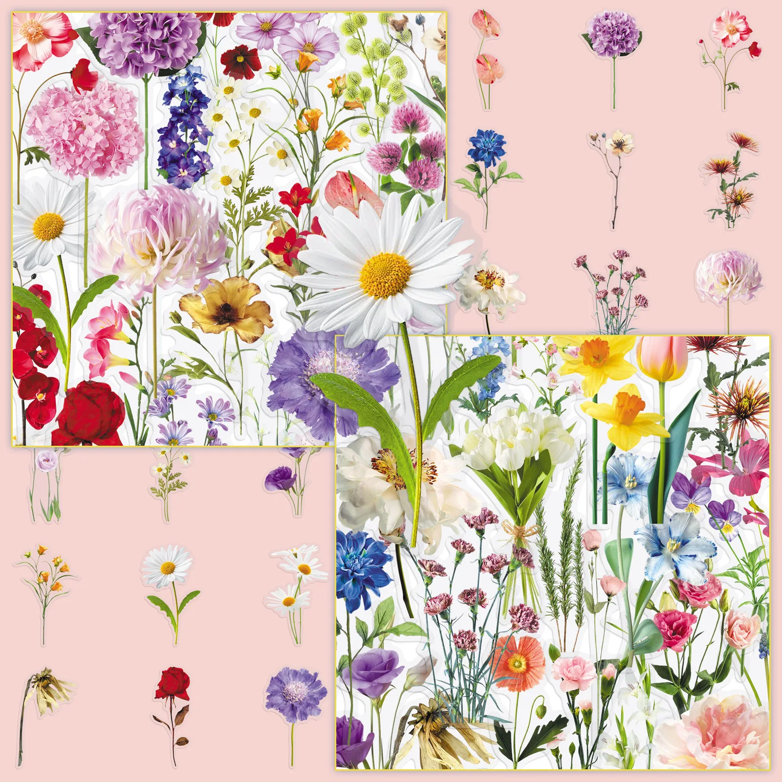 

50pcs/1 lot Flower Material PET Transparent Stickers Realistic INS Style Cute Girl's Hand Account Material Storage Box Gocco