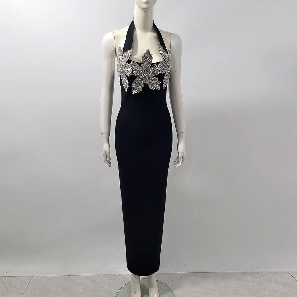 فساتين نسائية مثيرة باللون الأسود مع رسن ماسي لامع بدون أكمام فساتين رسمية ضيقة لأعياد الميلاد والحفلات المسائية #3