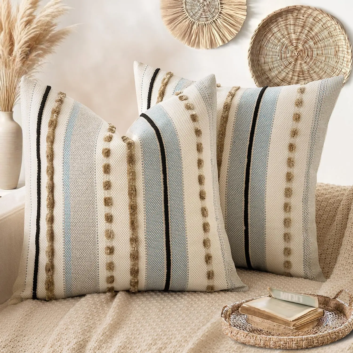 

Pa Of 2 Boho Decorative Throw Pillow Covers 18X18 Farmhouse Cushion Case Striped Chenille Pillow Cases Square Pillow Covers