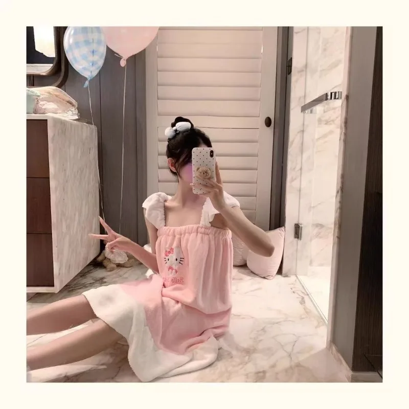 Falda de baño con tirantes de Hello Kitty, serie Cherry Girl Heart, terciopelo Coral, absorbe el agua, no se queda, dibujos animados de Anime de secado rápido