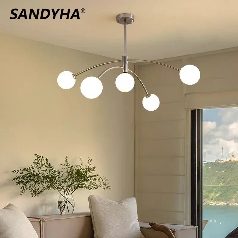 SANDYHA โมเดิร์นคริสตัลจี้ Light Milky White Glass Ball หรูหราโคมไฟ LED สําหรับห้องรับประทานอาหารห้องนอน Study จี้