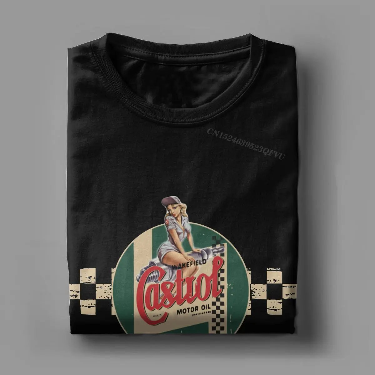 Castrol Vintage Racing Stripe Pin Up Girl Tee Shirt For Men Premium Cotton Tshirt Motor Oil Harajuku Tee Shirt Clothes