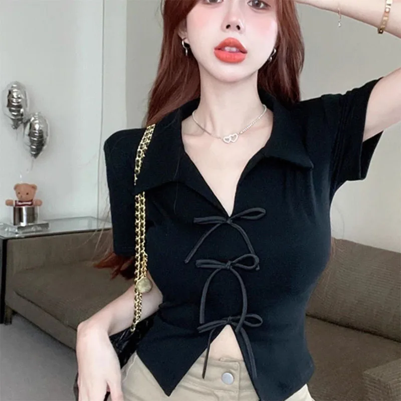 Women Fashion Sweet Slim Crop Tops Summer Vintage Solid Casual T-shirt French Style Lapel Short Sleeve Pullovers