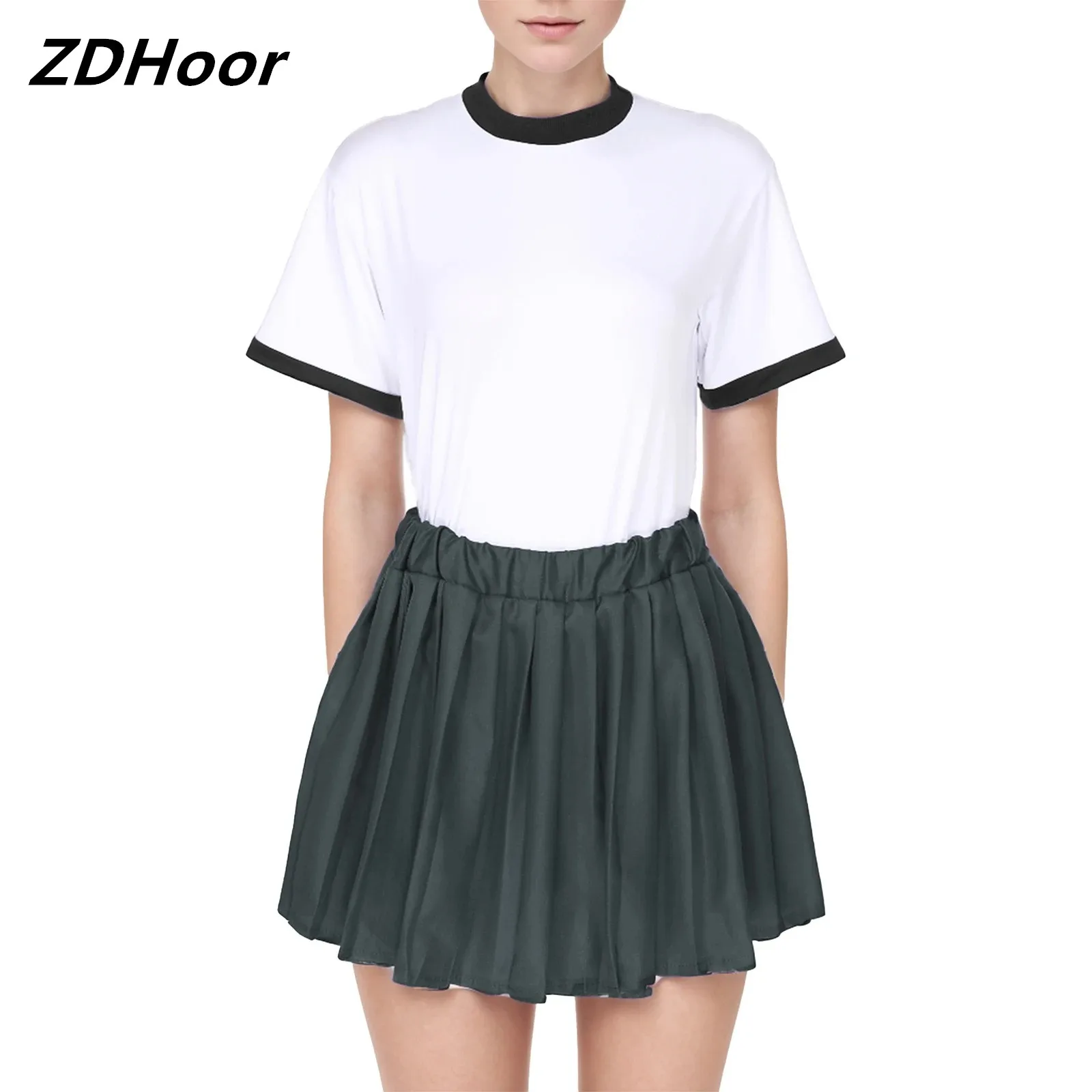 

Womens Cheerleading Outfit Sports Meet Stage Performance Costume Round Neck Short Sleeve T-shirt with Pleated Skirt