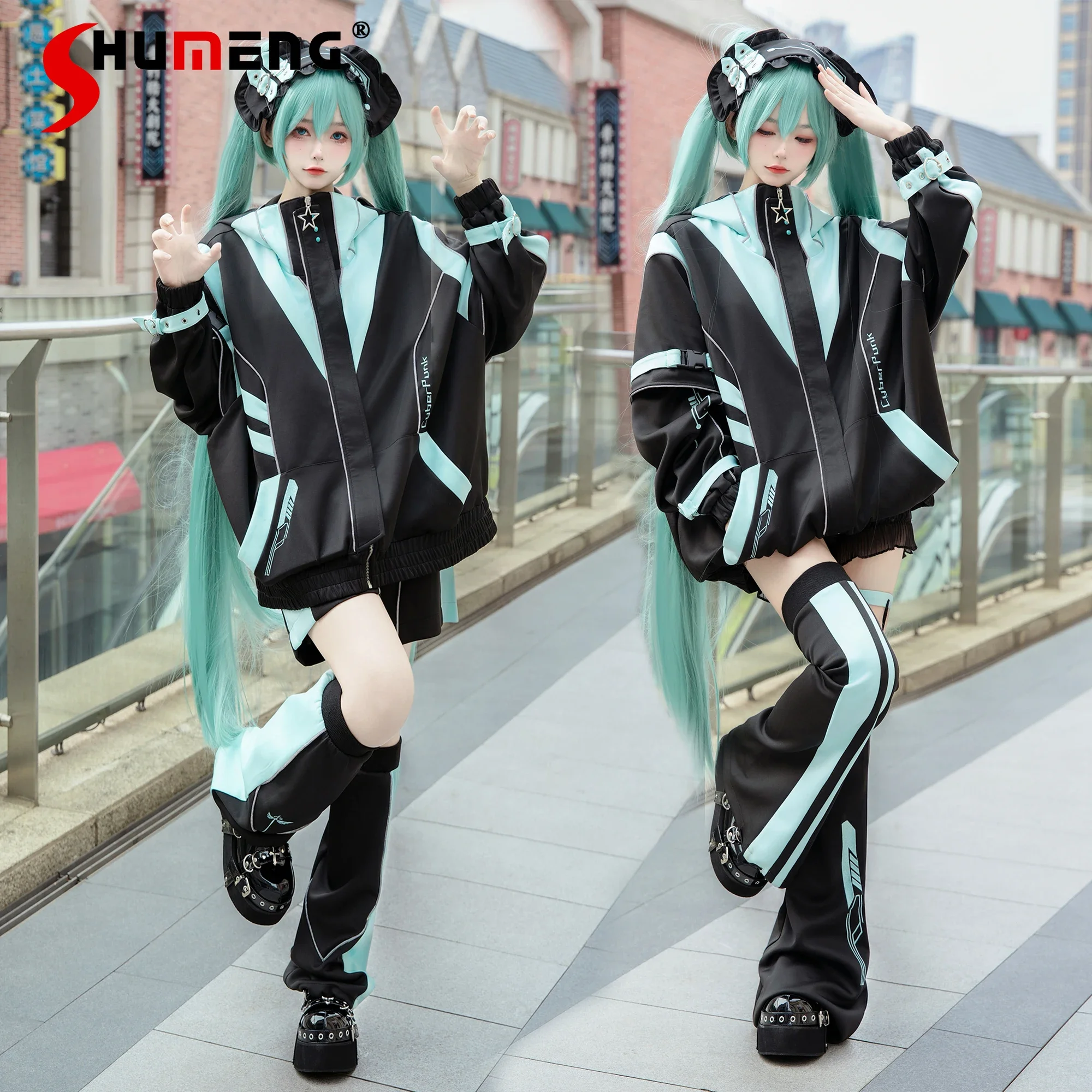 Japanese Style Mine Cosplay Sportswear Suit Women Black and Green Color Matching Zipper Jacket Coat Shorts and Leg Warmer Set