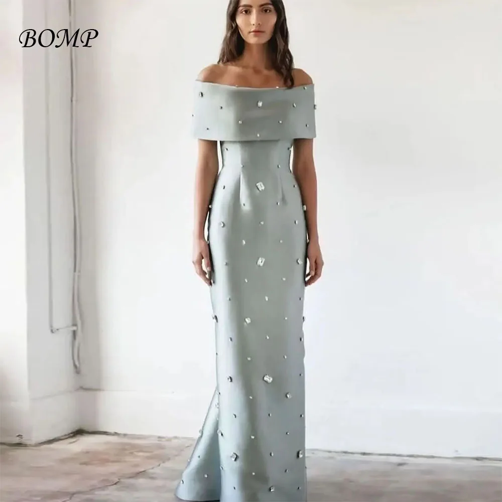 

Вечернее платье BOMP светло-голубого цвета с открытыми плечами, украшенное блестящими кристаллами, скромное женское платье на заказ для свадеб и вечеринок в Саудовской Аравии, выпускное платье