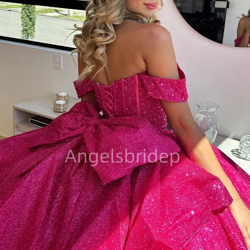 Angelsbride Rose Red Ball Gown Quinceanera Dresses Vestidos De 15. Quinceañera Glitter Tulle Sequined Princess Girl Party Dress