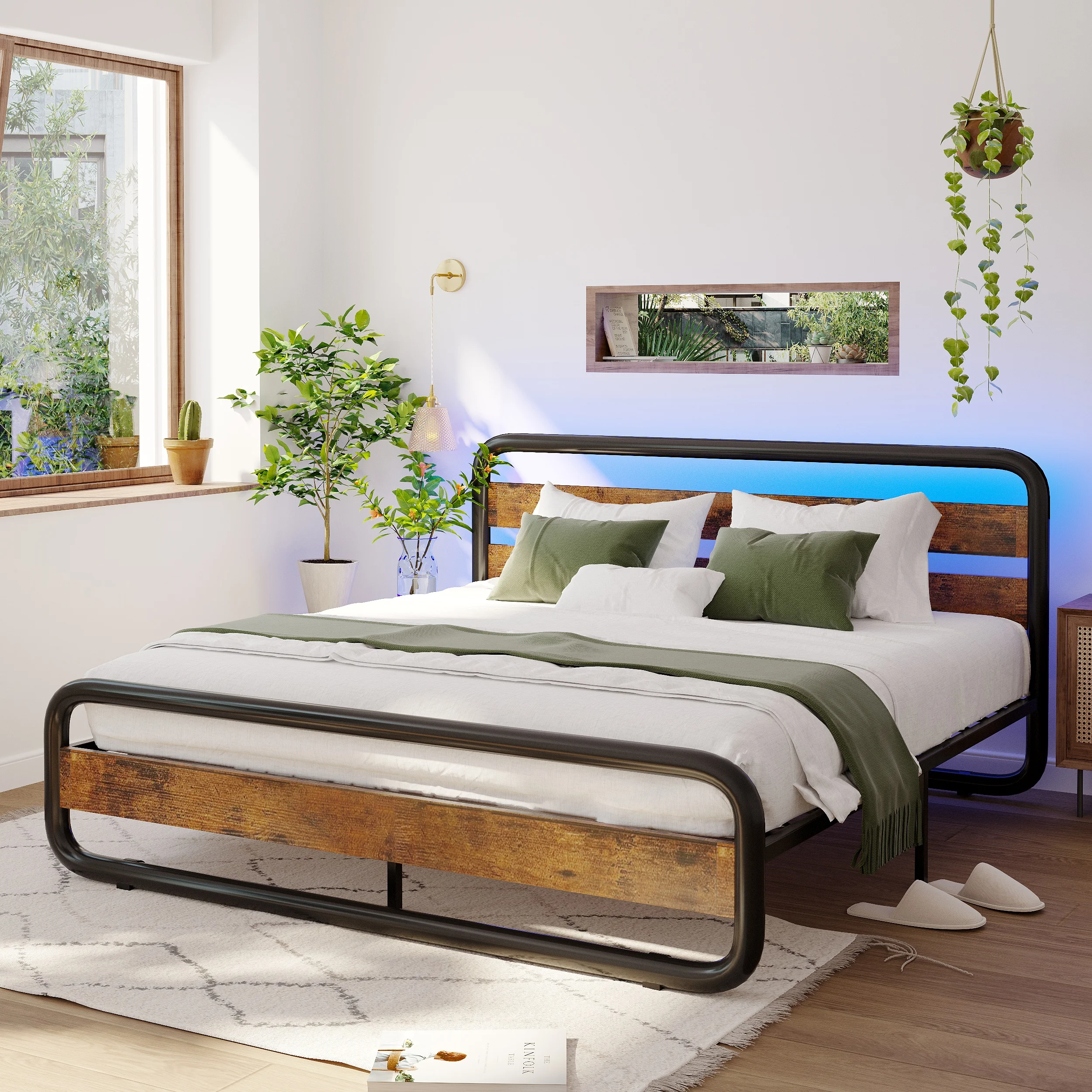 LED Queen Size Metal Bed Frame w/Wooden Headboard, Heavy-Duty Metal Oval-Shaped Platform Bed Frame w/LED Lights, Rustic Brown