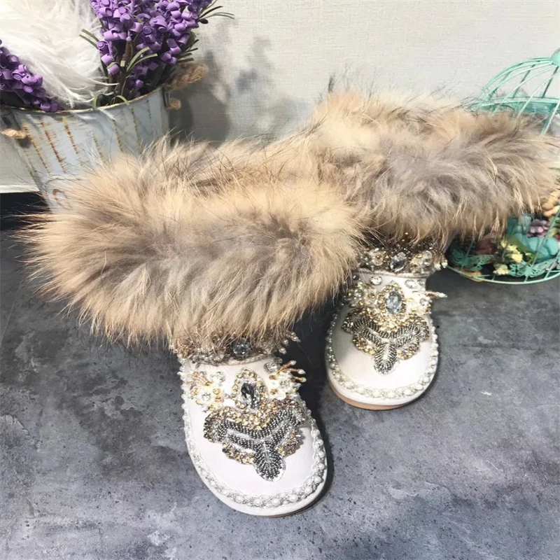 Beaded rhinestones handmade custom fur one-piece boots Pearl Vintage Winter plus fleece warm boots women\'s plus size 35-44